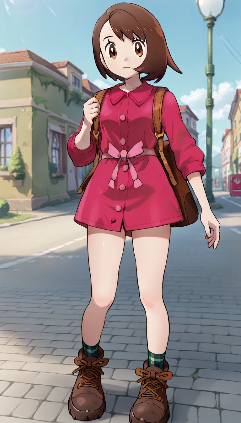 score_9, score_8_up, score_7_up, BREAK, 1girl, solo, Gloria, bob cut, pink dress, brown footwear, boots, plaid socks, green socks, brown backpack, looking at viewer, closed mouth, official style, standing, countryside, outdoors, thighs, close-up shot of breast to thigh, from front