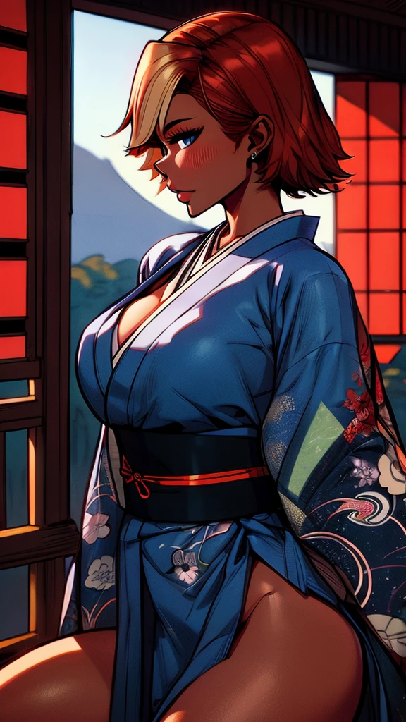 joanna dark, short hair, red hair, blonde hair, blue eyes, (((sexy kimono))), (((tanned skin))), ((fit body)), masterpiece, high contrast, detailed, skin texture, hyper detailed, best quality, high resolution, detailed, (high detailed skin:1.2), 8k uhd, dslr, soft lighting, high quality, film grain), even, neutral light, key light, bold, bright colours, (((japanese mansion, traditional japanese mansion))), in PIT-Erotic-style style