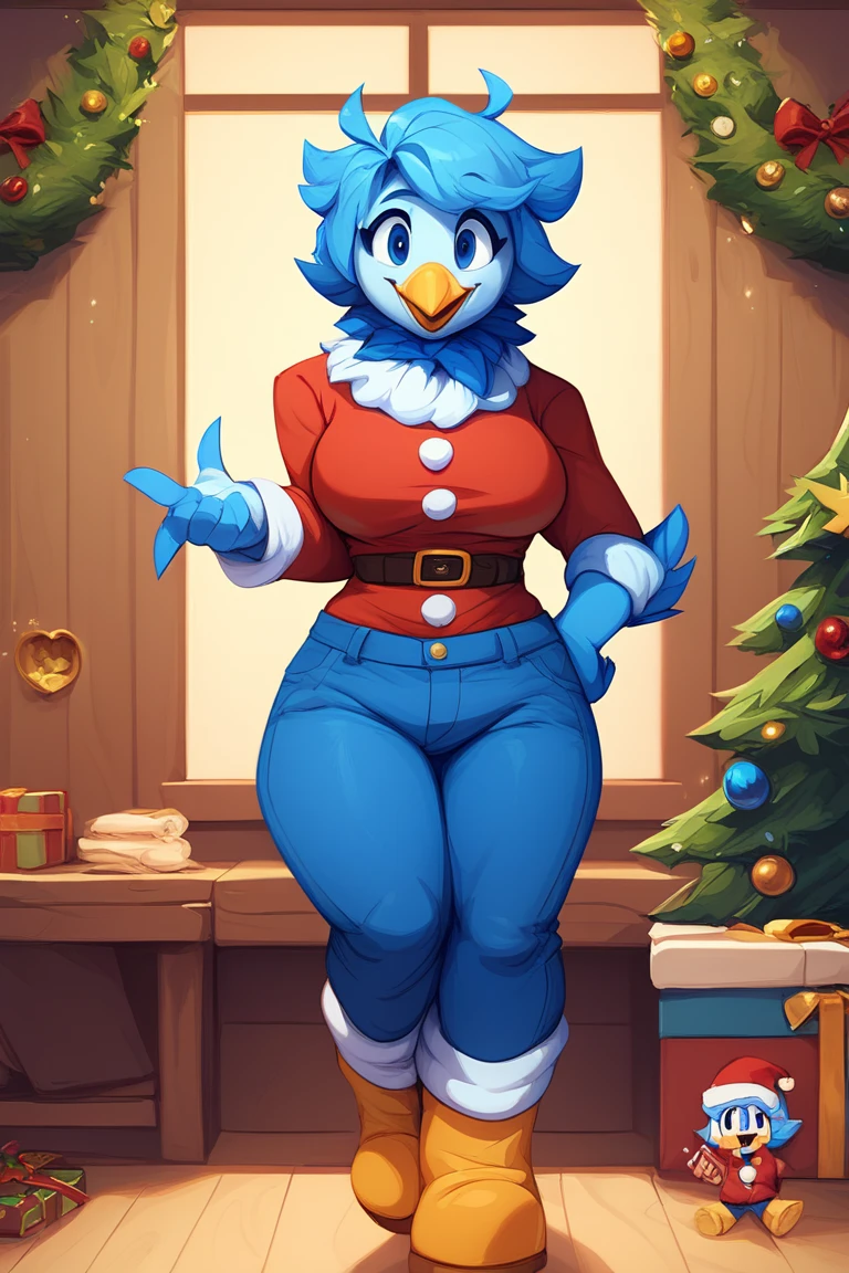 Martlet ,  Undertale Yellow , Alone, short blue hair, Blue plumage ,  Wings instead of arms ,  fitted blue long patalon,  short blue bird tail ,  plumage around his light blue neck,  yellow bird beak ,  Simple background, Avián , anthropomorphic, FE, happy smile, trajes de Santa Claus FE, looking at the viewer, breasts, inside a cabin, Christmas.