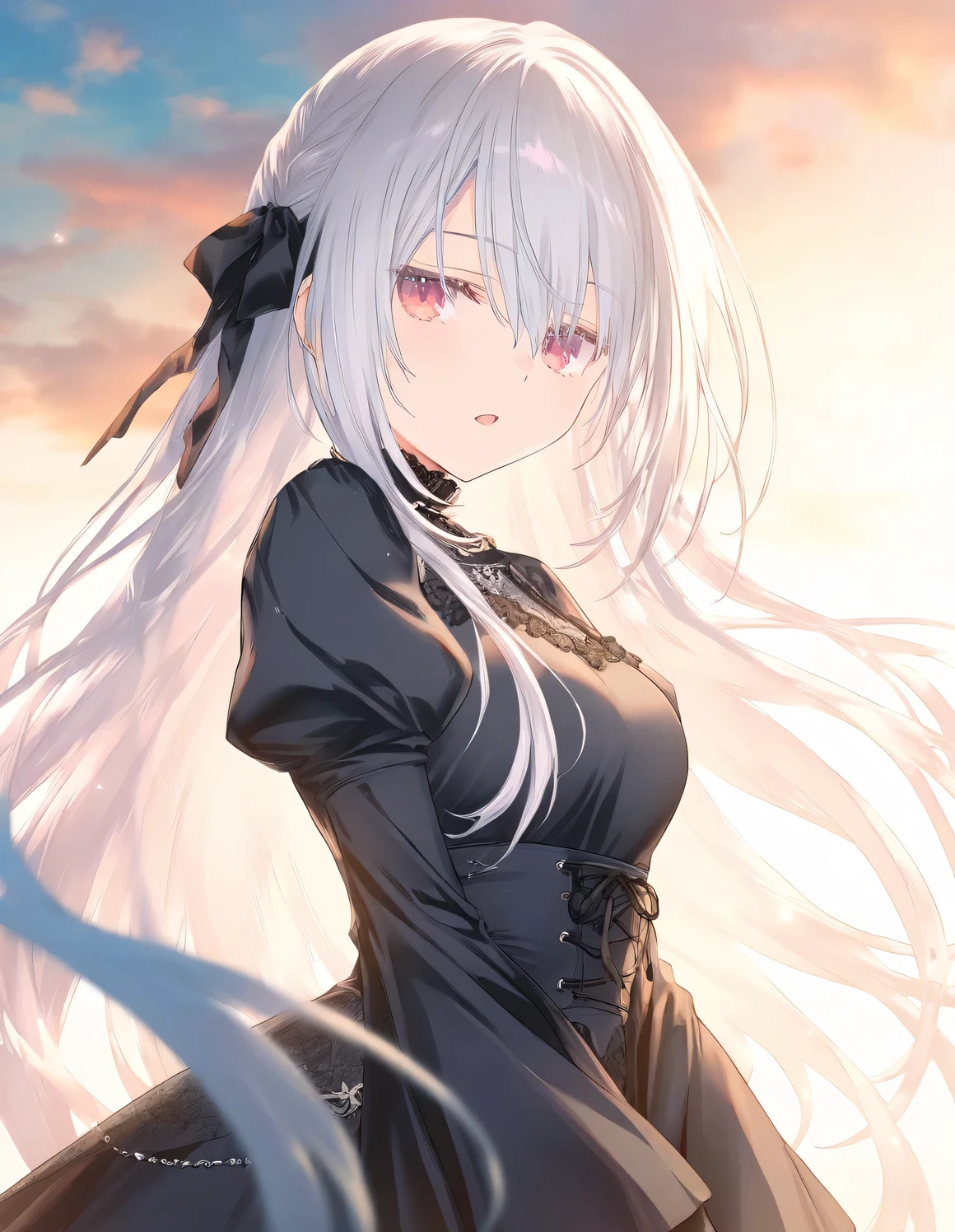 1girl, female, gothic lolita, long hair, beautiful breasts, jitome, open mouth, outdoors,wind, game CG break,((artist:shida_kazuhiro)),(artist:mitsumi_misato),(artist:fujiyama),,(masterpiece), (best quality), (ultra-detailed), very aesthetic, newest, beauty illustration,super detailed skin, (masterpiece), (best quality), (ultra-detailed), very aesthetic lighting,hi res,absurd_res,2023,2024,(shaded),digital media (artwork), realistic lighting, 4k, 8k,