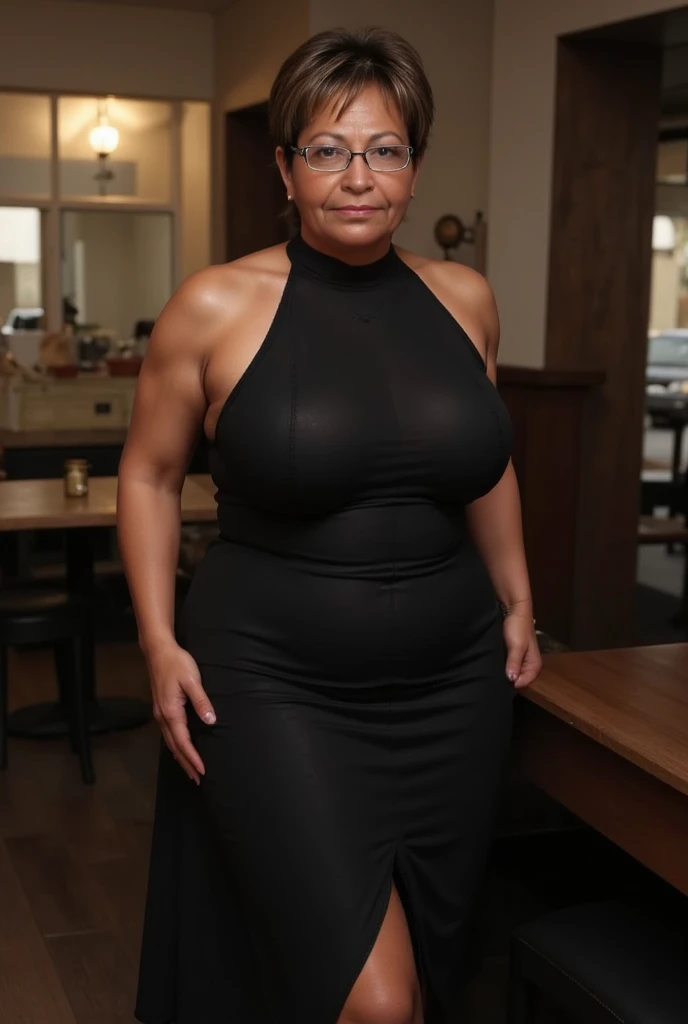 Body:Curvy with saggy breasts, a mature woman with realistic skin textures and very short pixie hair cut