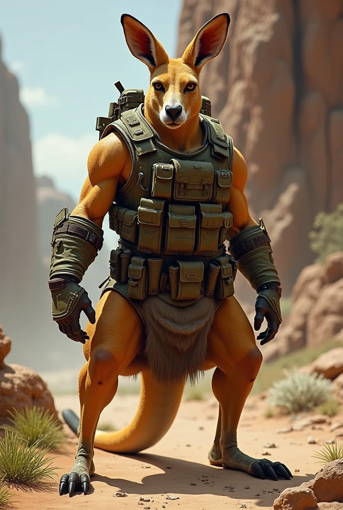 Teen ripped muscular, solo, fennec, serious face, tattoo, yellow eyes, detailed eyes, young, kid, kid face, without clothes, fennec tail, full naked, camo pants, big bulge in the crotch