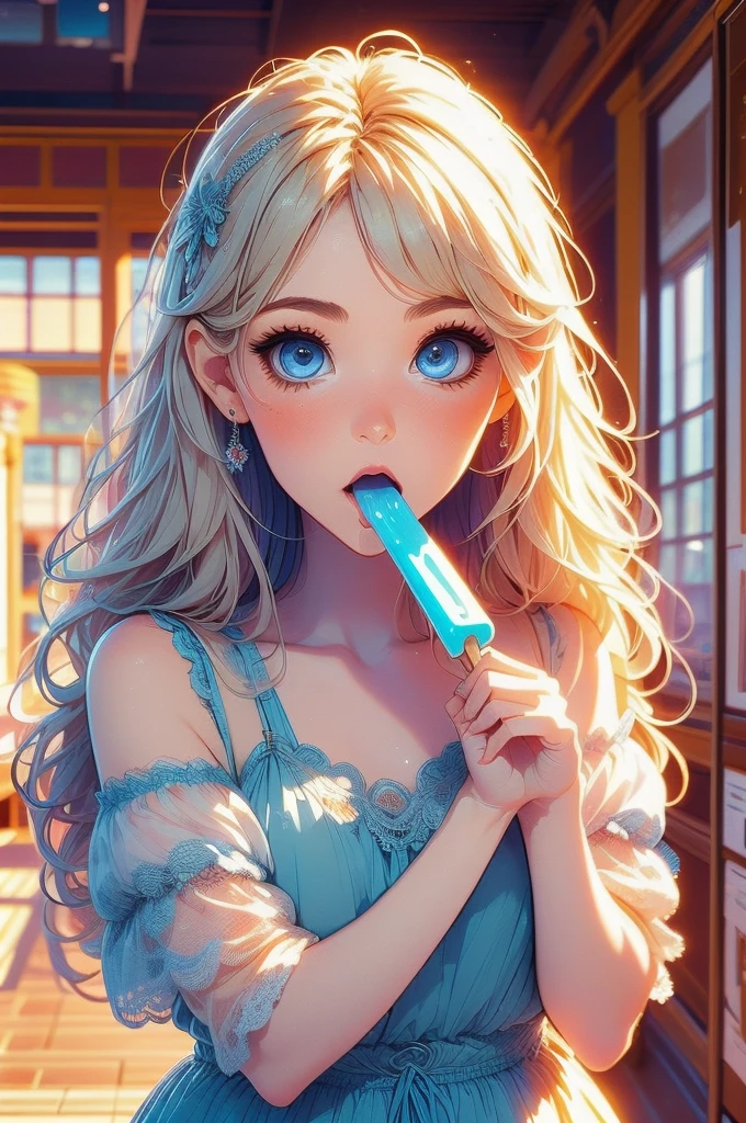  A twenty-year-old human with the theme of a blond Asian princess with blue eyes, natural look, attractive, piel Blanca, With long straight blonde hair appearing  (eating a popsicle), color pastel, Oil style , Manhwa style, digital image, ( In the Room)