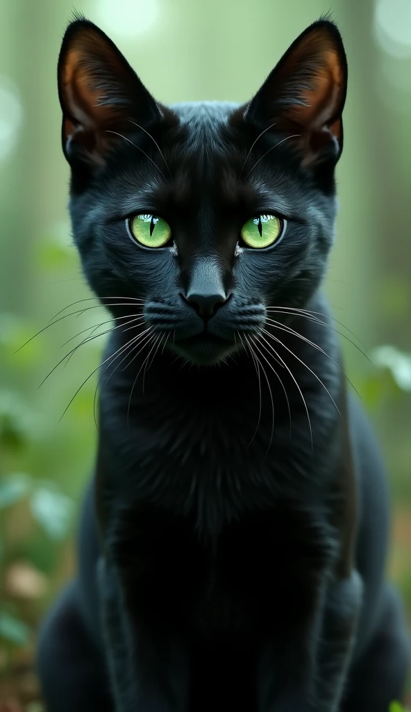 a black cat with green eyes