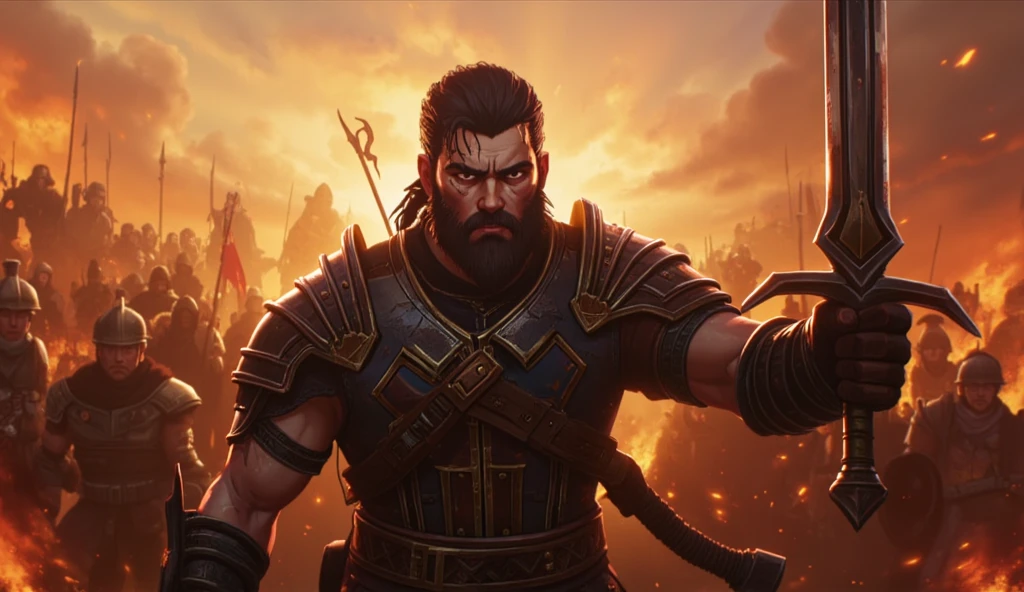 ((masterpiece)) ((photography)) ((Highest quality)) 2D Anime style, a wide-angle shot of the king charging forward, sword held high as he leads his troops into battle. His dark beard is damp with sweat, and his eyes burn with fierce courage. His heavy armor is battle-worn, with scratches and bloodstains. The battlefield around him is engulfed in chaos, with enemies clashing and fire consuming the ground. The king stands as a beacon of power and leadership, his sword glinting as the sun reflects off its edge.