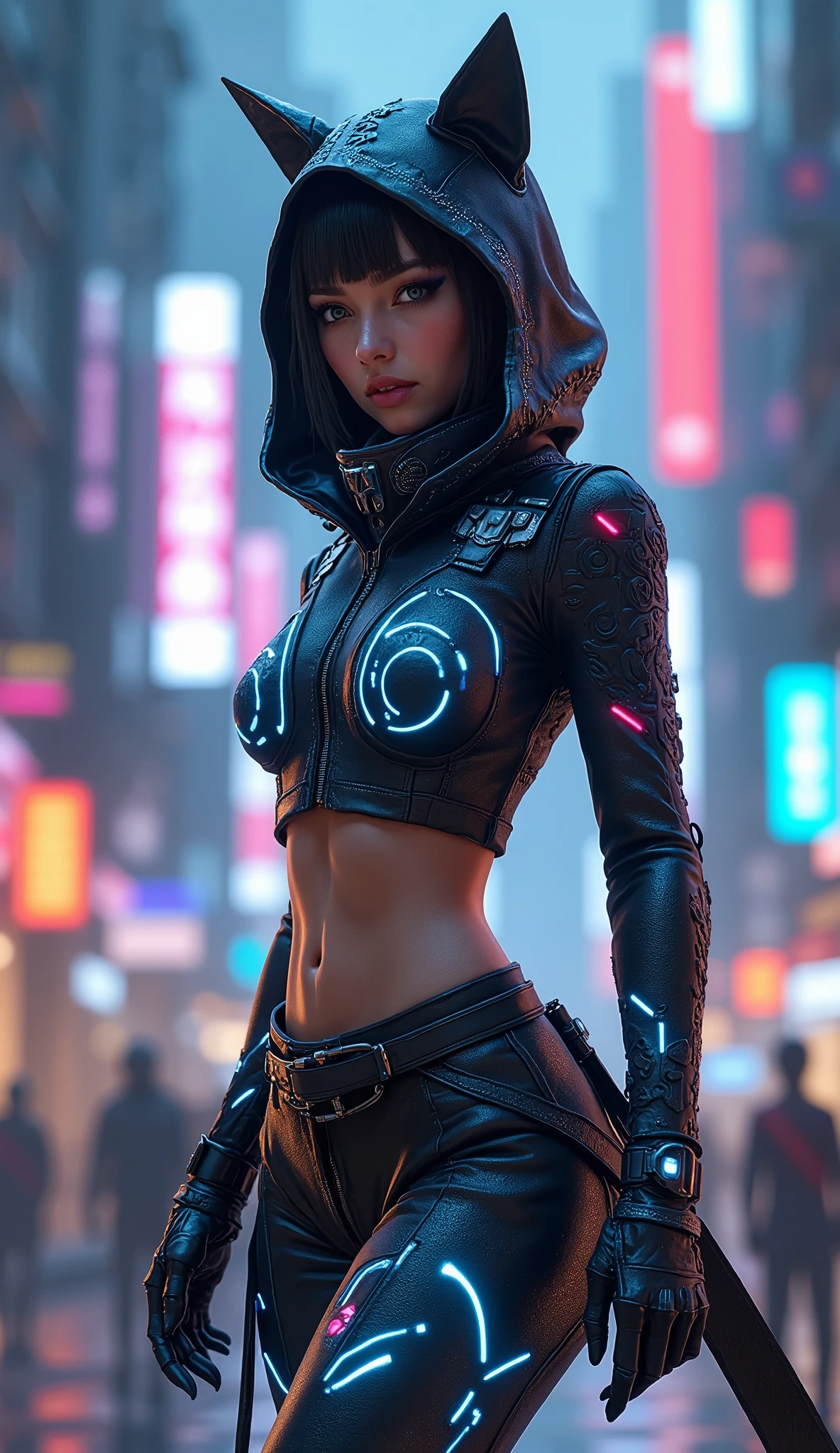 A beautiful cyberpunk ninja girl with holographic clothing