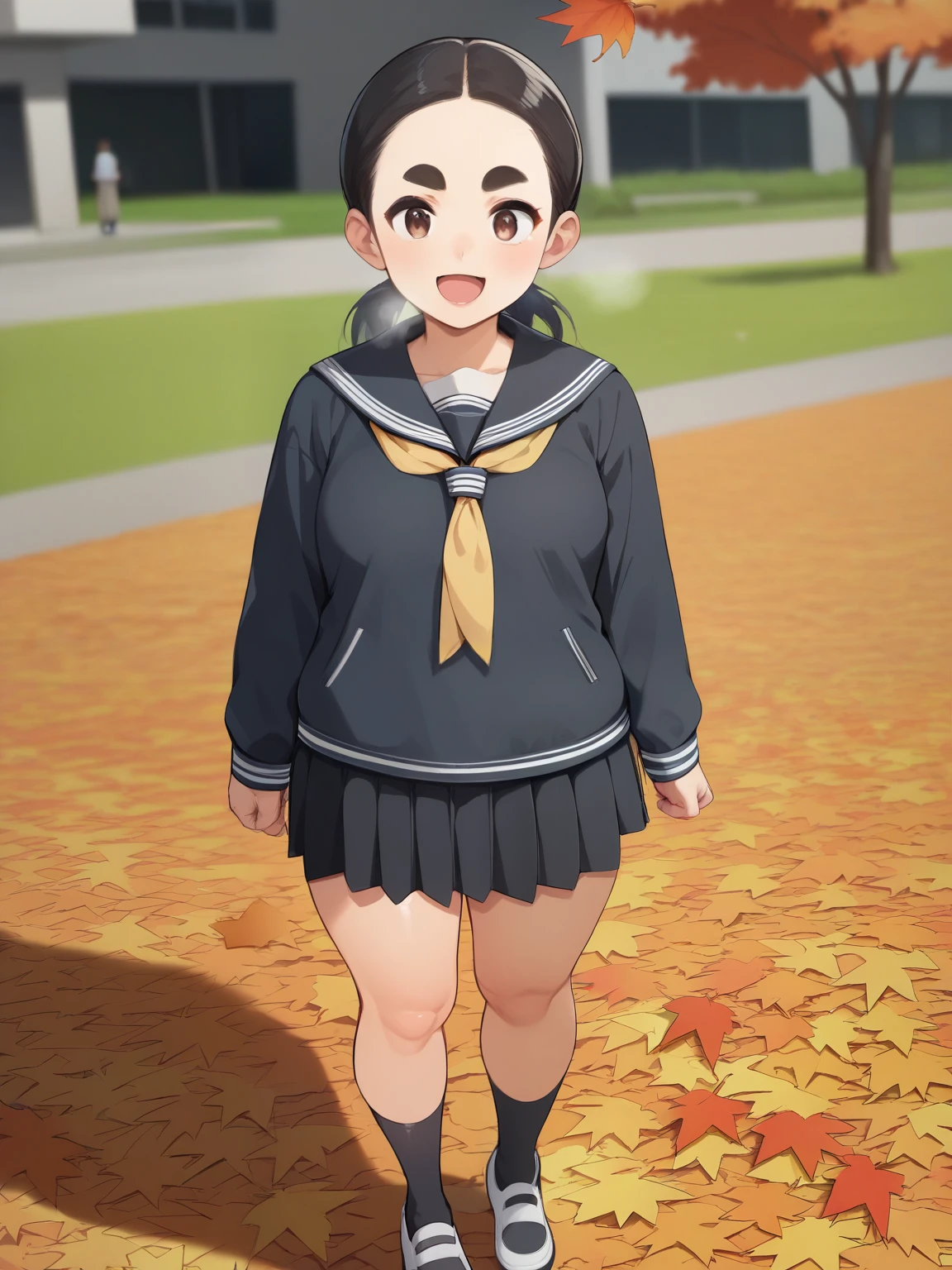  score_9,  score_8_up,  score_7_up,  score_6_up,  score_5_up,  score_4_up,Anime BREAK，nsfw， best quality，masterpiece，( detailed background :1.2)， Fisheye Lens ，( Black Ankle Socks  :1.5)、 I'm the same eye height ， wearing a black long sleeve sailor suit and knee-length skirt，  short， chubby female middle school student，very serious chairman，baby face，(  broad shoulder :1.2)、 shiny skin， In a bright room， Glossy Black Hair ， low ponytail  ，( split bangs )，(  thick eyebrows )，(Wide forehead)，  sweated，White Breath，  very excited and full of hope  ， cute :1.5，beautiful autumn leaves  ，  illustration style  ，  Girl Temptation，