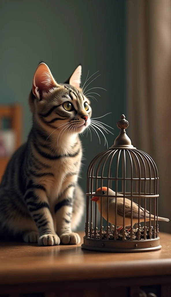 A cat watched a bird trapped in a cage