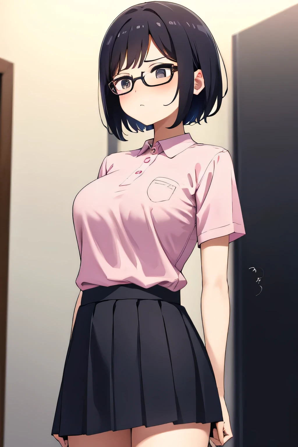 In town,Small breasts that can be rolled up,Black Hair,short hair,Green Eye Glasses,(Shocking pink plain polo shirt, Short sleeve, naked), (High resolution, high quality:1.1), Intricate details, 1 girl,(blush,Embarrassing)Lots of people around, thin pubic hair, whole body