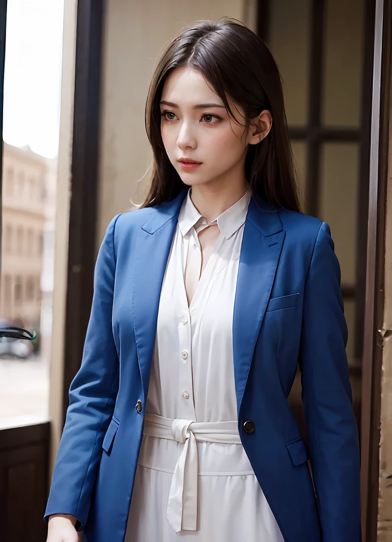 Detailed female face looking at camera, Blue eyes, Hot thick red lips, Mouths parted with sensuality, Fix a deformed finger, Photorealistic, sharp eye、wearing a business suit、knee high socks,perfect fingers、shorth hair