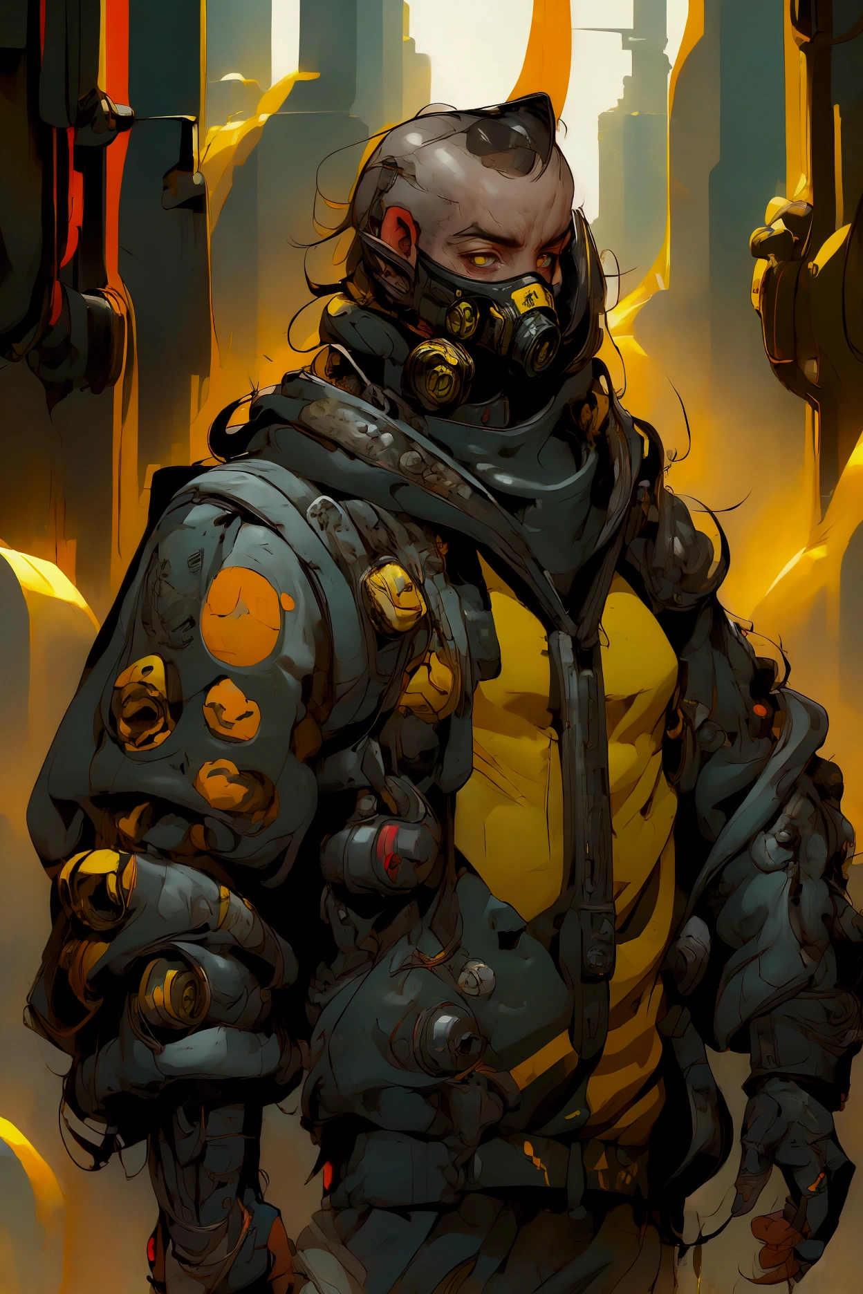 male,  He wears a black gas mask that covers his face  .,  The gas mask has yellow accents and yellow details on the eyes and the filter.,  Black clothing with cyberpunk design  ,  Metallic texture y mechanical decorations in some places  ., deep black sweatshirt  , Thin and tall,  Tight clothing with visible body lines . ., facing front,  Composition like a scene from a movie  ,  Dutch angle  , implacable, calm, cruel, and ruthless  . Thin and tall,  Tight clothing that reveals body lines . .,  drawn to the upper body  , ,  Composition like a scene from a movie  ,  Dutch angle  , implacable and calm,  relentless and relentless in its pursuit of its opponents  ,  Cold-blooded thinking with no means to an end  ,  Air pollution and toxic fumes in the air  , dystopian environment . eznegativxl  ,