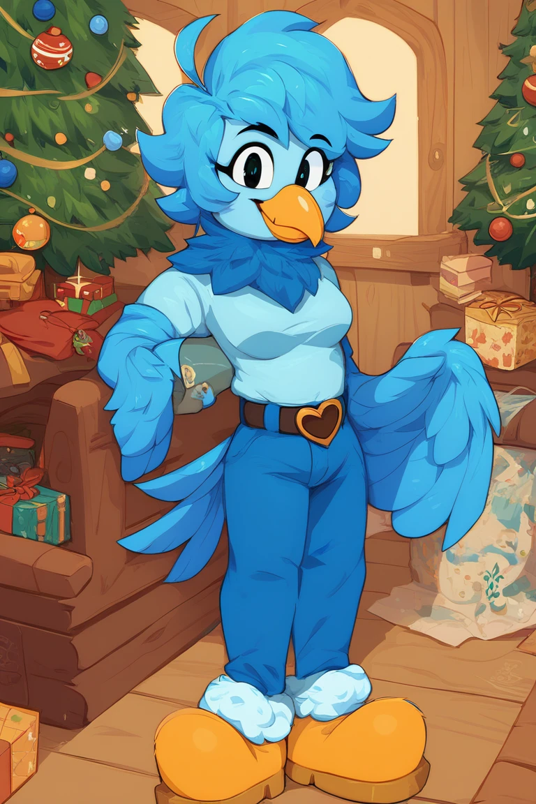 Martlet ,  Undertale Yellow , Alone, short blue hair, Blue plumage ,  Wings instead of arms ,  fitted blue long patalon,  short blue bird tail ,  plumage around his light blue neck,  yellow bird beak ,  Simple background, Avián , anthropomorphic, FE, happy smile, trajes de Santa Claus FE, looking at the viewer, breasts, inside a cabin, Christmas.