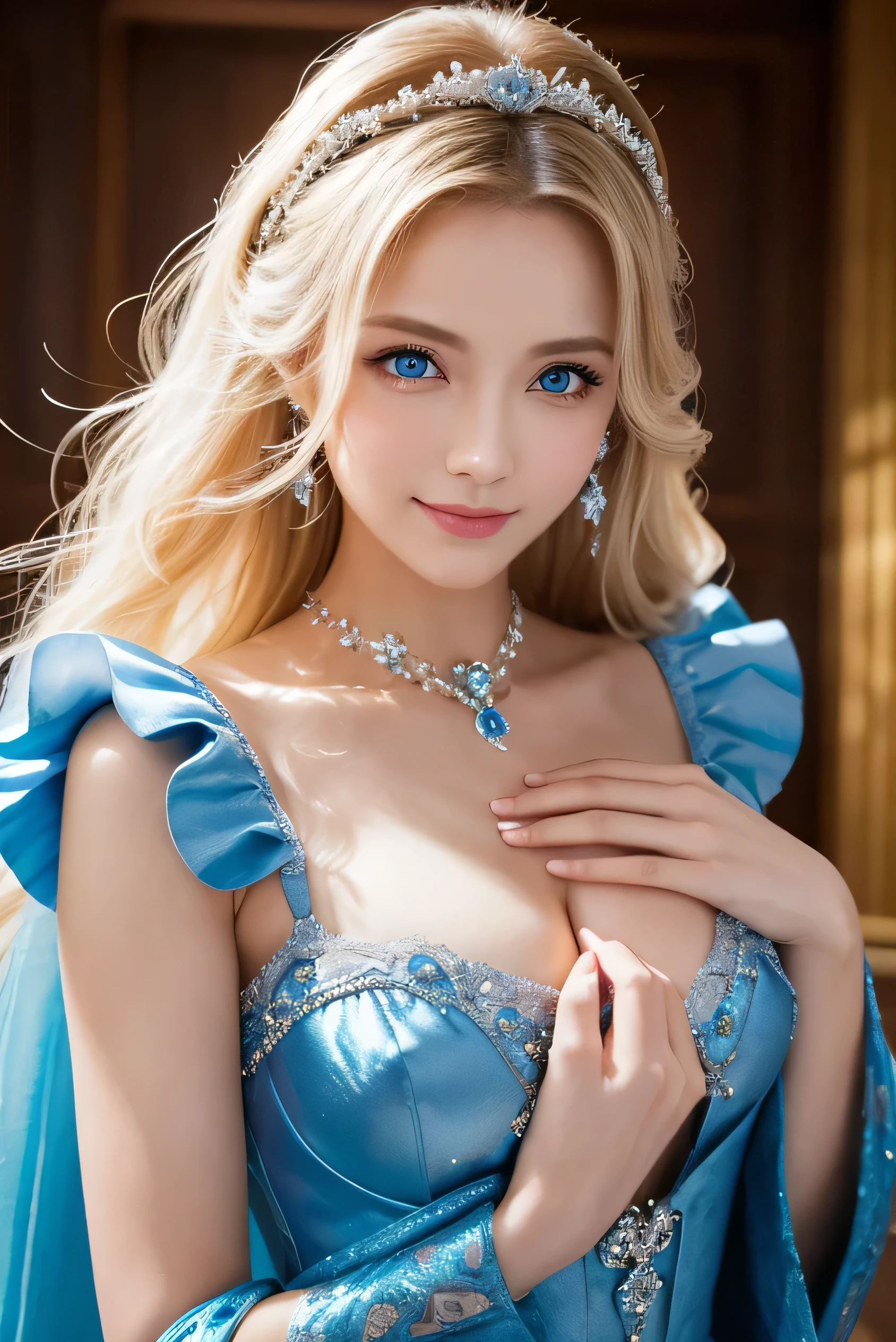 8k,Blond bushy haired adult woman,so beautiful(Like the real thing), Big smile, elegant, Blue Dress, The enchanting aristocrat, silver element, Long nails, Exposing shoulders, Hairstyle, Beautiful expression,blue eyes, Messy, I am proud, Absurd, Elegant dress, Royalty, celebration, Hall decorated with flowers, Cowboy Shot, Portraiture, (highest quality), (Tabletop), (Very detailed), masterpiece,highest qualityのフォトリアリスティックなRAW写真。Backlight, Cinema Lighting, Film Grain, to be born, 50mm lens, Nikon D850,Ultra-Realistic Skin,Fantasy art,Character Art,Ultra-high resolution,A muscular and slender macho man,Perfect hands,compensate,Bust shot close-up,Dynamic pose,