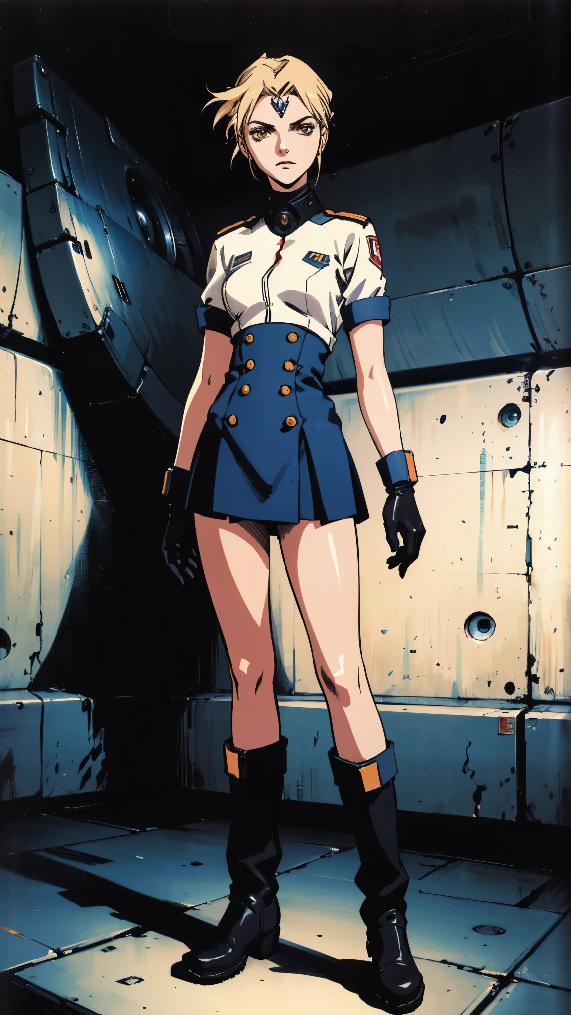 (masterpiece:1.2, best quality:1.2, extremely delicate:1.2), ((Alexandra Daddario:1.2)), a girl with short light golden hair, a metal headband on her forehead, icy gaze, detached expression, smooth and exquisite facial appearance, perfect body, perfect skin, porcelain skin, pale skin, sci-fi military uniform, short sleeves, gloves, short skirt integrated with the outfit, dark fitted pants, knee-high military boots, the color scheme is primarily Blue with White and Yellow accents, surrounded by AR virtual interfaces, standing in a futuristic sci-fi-styled room, this character embodies a finely crafted futuristic sci-fi female officer in anime style, exquisite and mature art style, exquisite photography, Photo realism, photorealistic, even and soft lighting on face, dramatic, high definition, highres, ultra-detailed, ultra-fine painting, professional, perfect body proportions, anatomically correct, symmetrical face, extremely detailed eyes and face, high quality eyes, creativity, RAW photo, UHD, 32k, portrait lighting, Natural light, cinematic lighting, (masterpiece-anatomy-perfect:1.2)