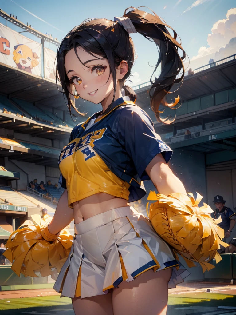masterpiece、top-quality、Fine、Detailed face、1girl in、Japan Cheerleaders、Beautiful face、tall、long legged、poneyTail、brown haired、eyes are brown、sexy lip、sensually、that are about to burst、(Breast shaking、Partial milk:1.2)、Moving line、motion-blur、Big buttocks、cheerleaders、pleatedskirt、high socks、looking happy smile、to jump、cheering、stadio