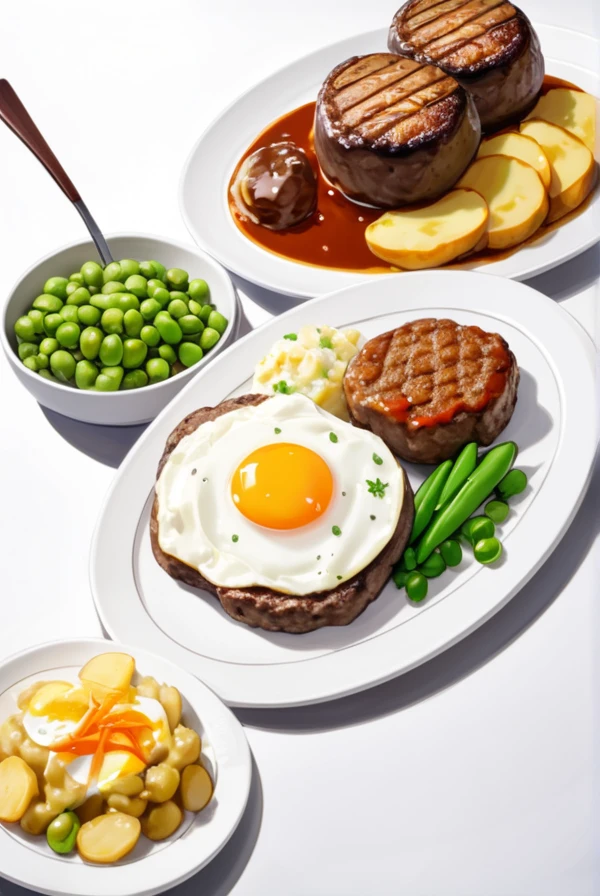 Hamburg steak, fried egg, potato salad, boiled carrots, boiled green peas, all on one plate, only one plate