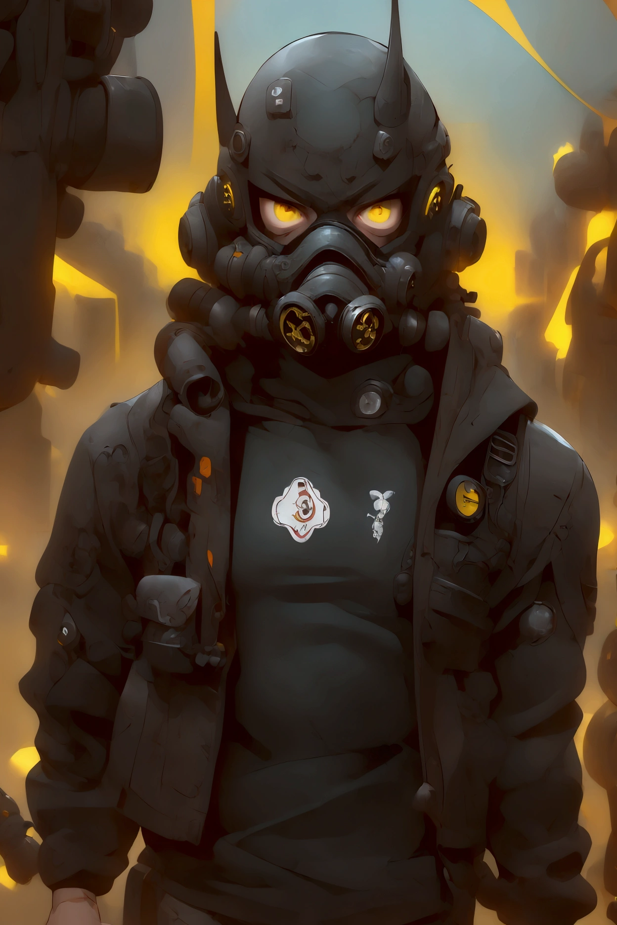 male,  He wears a black gas mask that covers his face  .,  The gas mask has yellow accents and yellow details on the eyes and the filter.,  Black clothing with cyberpunk design  ,  Metallic texture y mechanical decorations in some places  ., deep black sweatshirt  , Thin and tall,  Tight clothing with visible body lines . ., facing front,  Composition like a scene from a movie  ,  Dutch angle  , implacable, calm, cruel, and ruthless  . Thin and tall,  Tight clothing that reveals body lines . .,  drawn to the upper body  , ,  Composition like a scene from a movie  ,  Dutch angle  , implacable and calm,  relentless and relentless in its pursuit of its opponents  ,  Cold-blooded thinking with no means to an end  ,  Air pollution and toxic fumes in the air  , dystopian environment . eznegativxl  ,