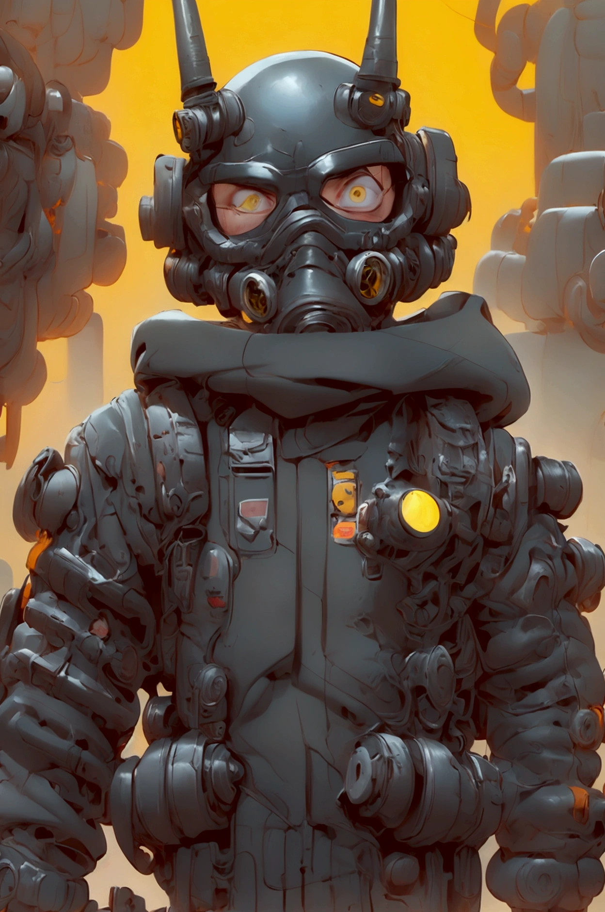 male,  He wears a black gas mask that covers his face  .,  The gas mask has yellow accents and yellow details on the eyes and the filter.,  Black clothing with cyberpunk design  ,  Metallic texture y mechanical decorations in some places  ., deep black sweatshirt  , Thin and tall,  Tight clothing with visible body lines . ., facing front,  Composition like a scene from a movie  ,  Dutch angle  , implacable, calm, cruel, and ruthless  . Thin and tall,  Tight clothing that reveals body lines . .,  drawn to the upper body  , ,  Composition like a scene from a movie  ,  Dutch angle  , implacable and calm,  relentless and relentless in its pursuit of its opponents  ,  Cold-blooded thinking with no means to an end  ,  Air pollution and toxic fumes in the air  , dystopian environment . eznegativxl  ,