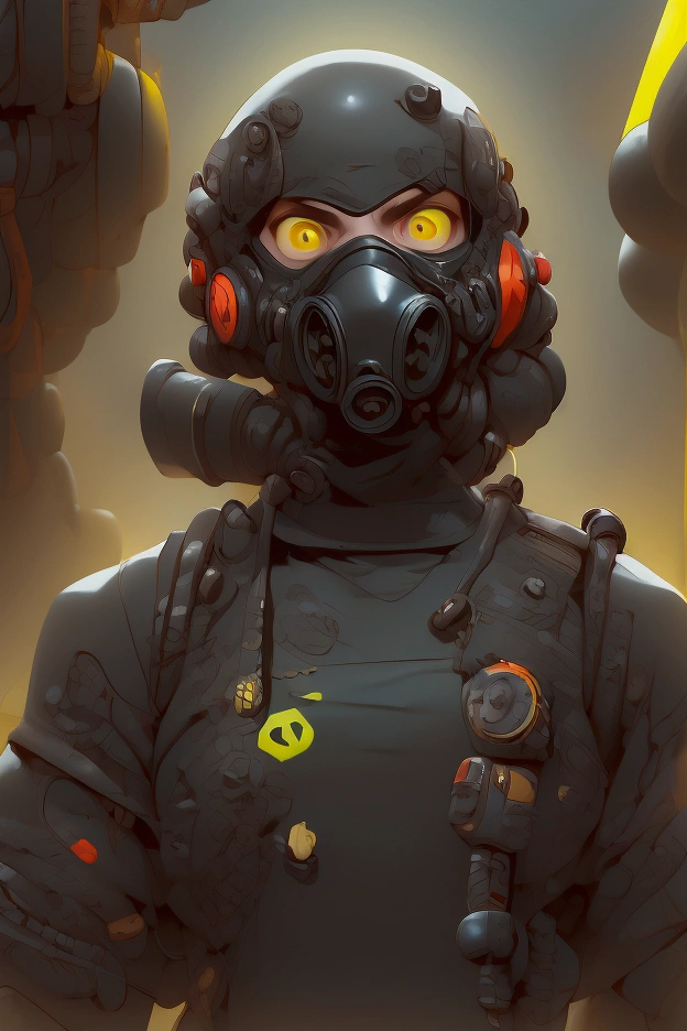 male,  He wears a black gas mask that covers his face  .,  The gas mask has yellow accents and yellow details on the eyes and the filter.,  Black clothing with cyberpunk design  ,  Metallic texture y mechanical decorations in some places  ., deep black sweatshirt  , Thin and tall,  Tight clothing with visible body lines . ., facing front,  Composition like a scene from a movie  ,  Dutch angle  , implacable, calm, cruel, and ruthless  . Thin and tall,  Tight clothing that reveals body lines . .,  drawn to the upper body  , ,  Composition like a scene from a movie  ,  Dutch angle  , implacable and calm,  relentless and relentless in its pursuit of its opponents  ,  Cold-blooded thinking with no means to an end  ,  Air pollution and toxic fumes in the air  , dystopian environment . eznegativxl  ,