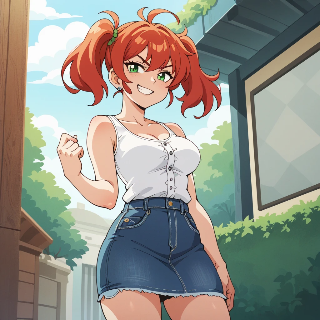 Woman, green eyes, smirk, anime screencap 2d, adult woman, Decollete, , nsfw,  breasts, puffy blouse Sleeveless, denim skirt, twintails, bro 