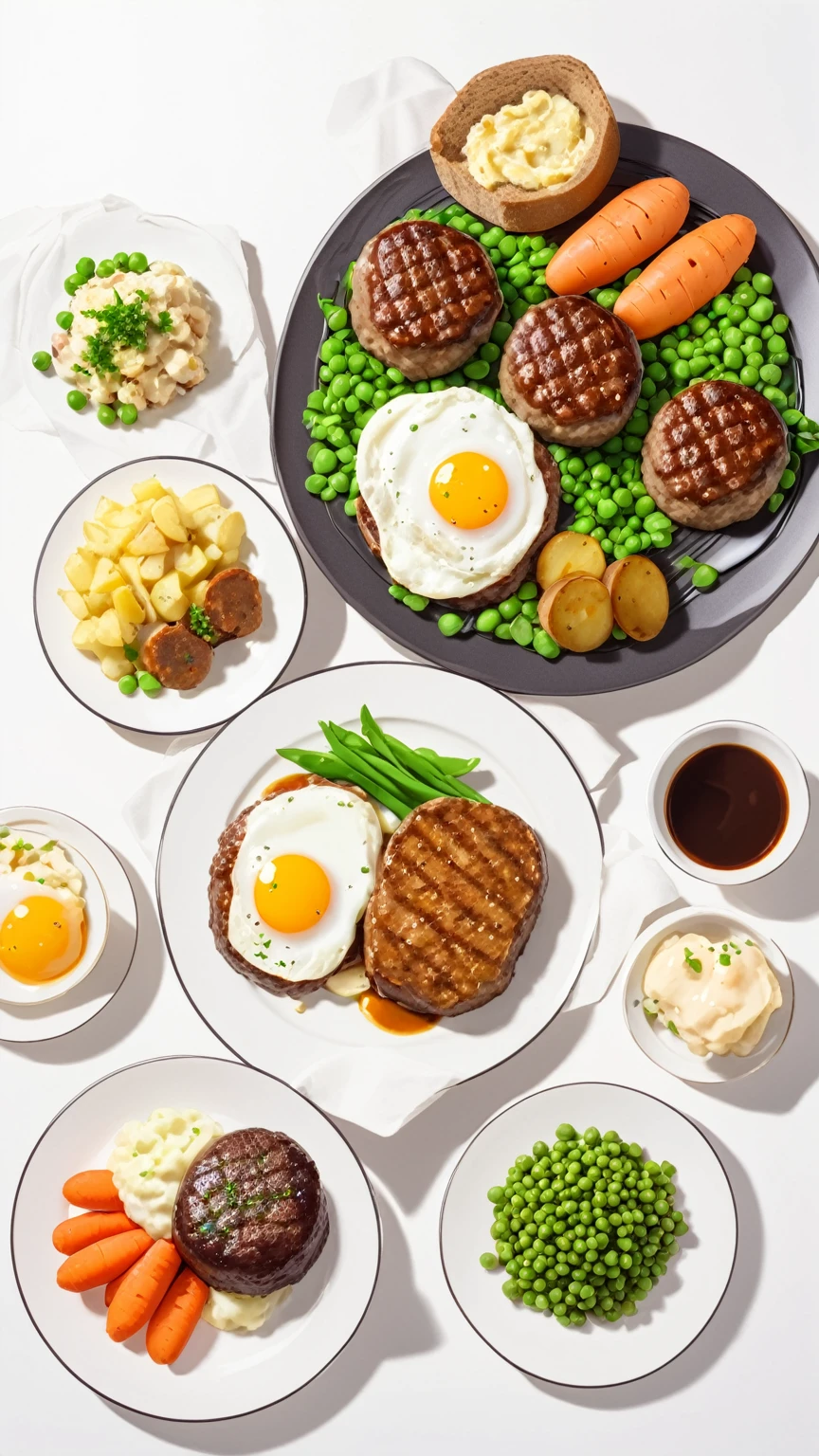 Hamburg steak, fried egg, potato salad, boiled carrots, boiled green peas, all on one plate, only one plate