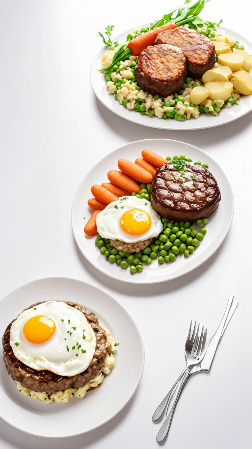 Hamburg steak, fried egg, potato salad, boiled carrots, boiled green peas, all on one plate, only one plate