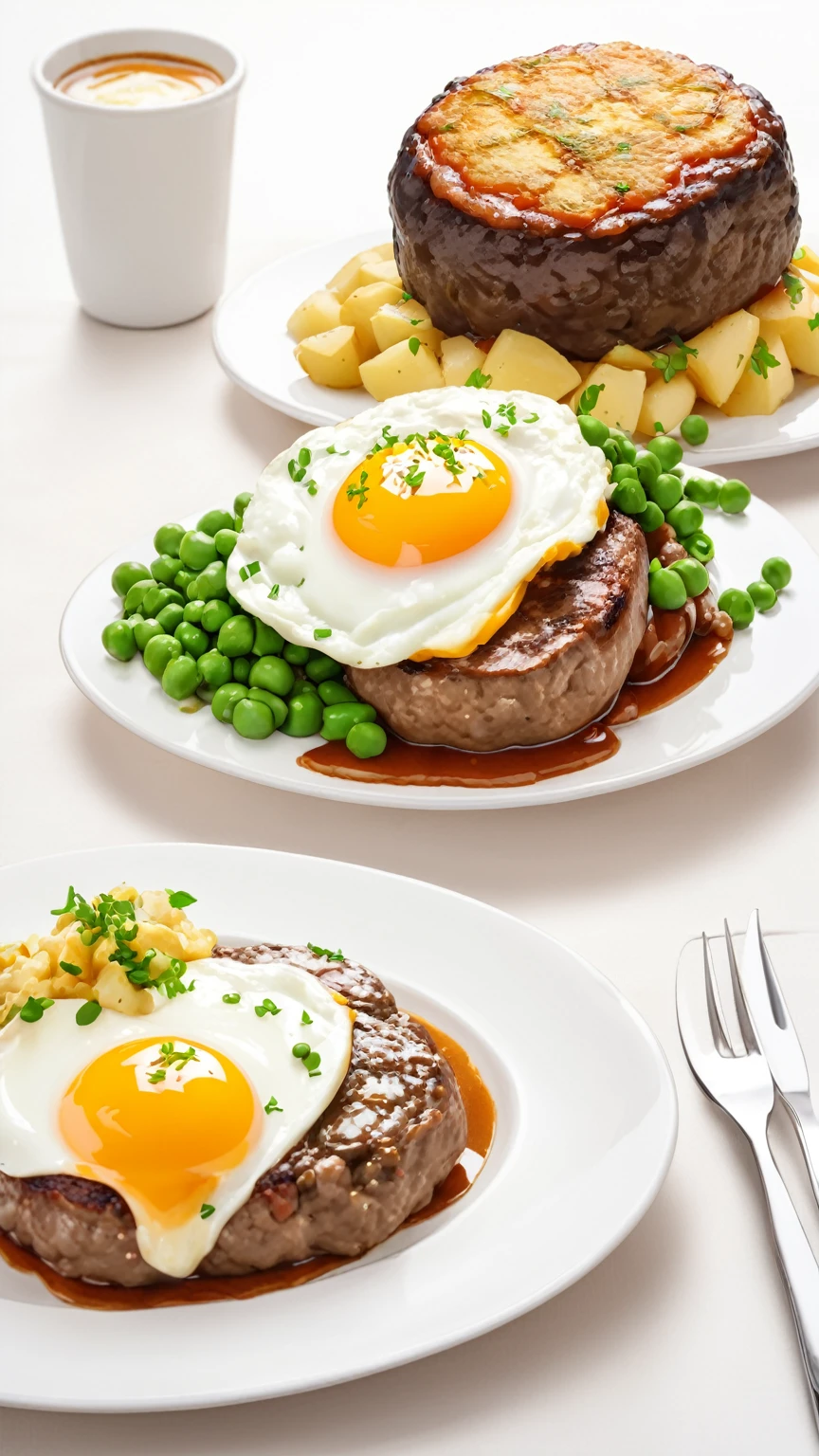 Hamburg steak, fried egg, potato salad, boiled carrots, boiled green peas, all on one plate, only one plate