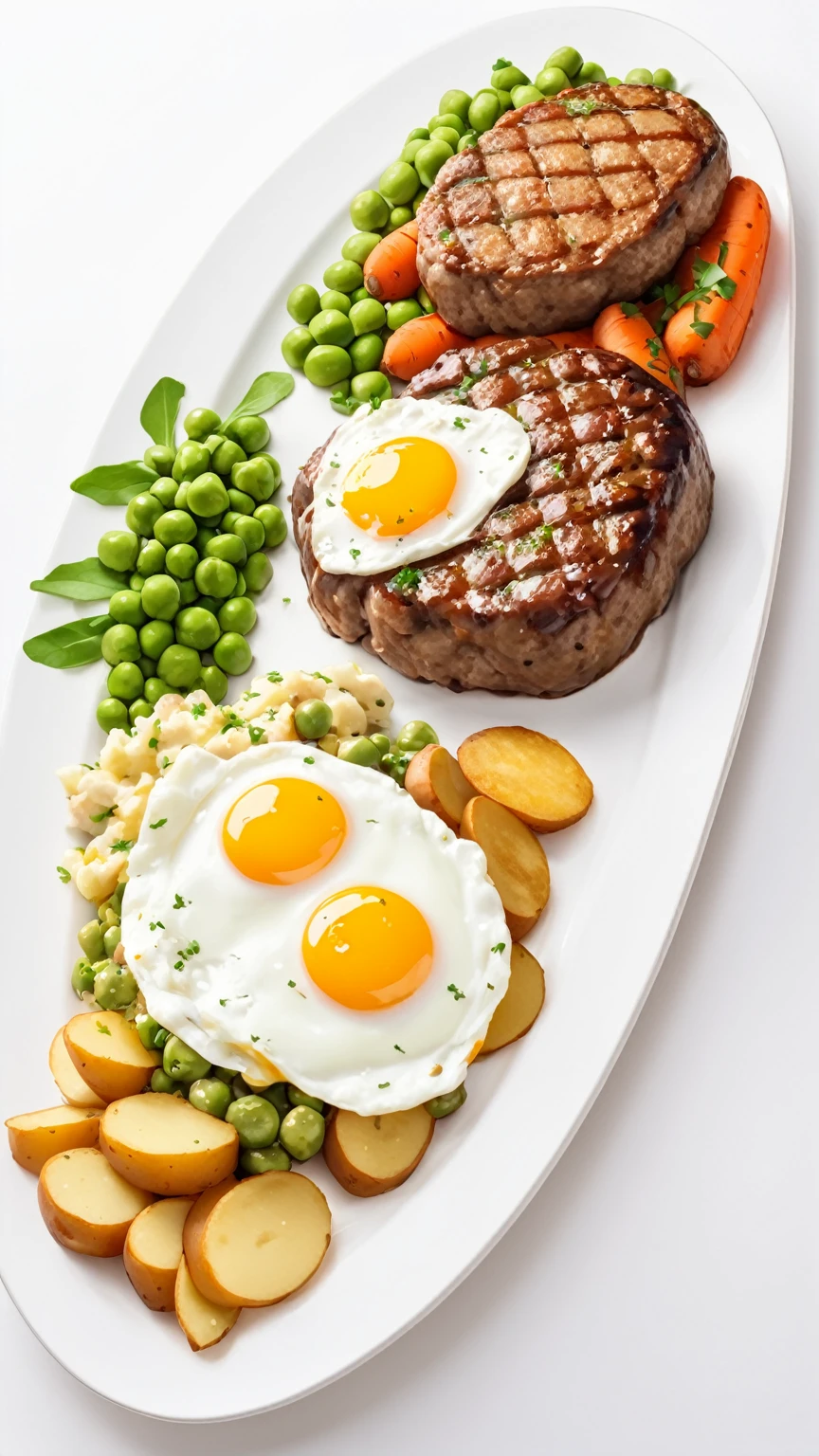 Hamburg steak, fried egg, potato salad, boiled carrots, boiled green peas, all on one plate, only one plate