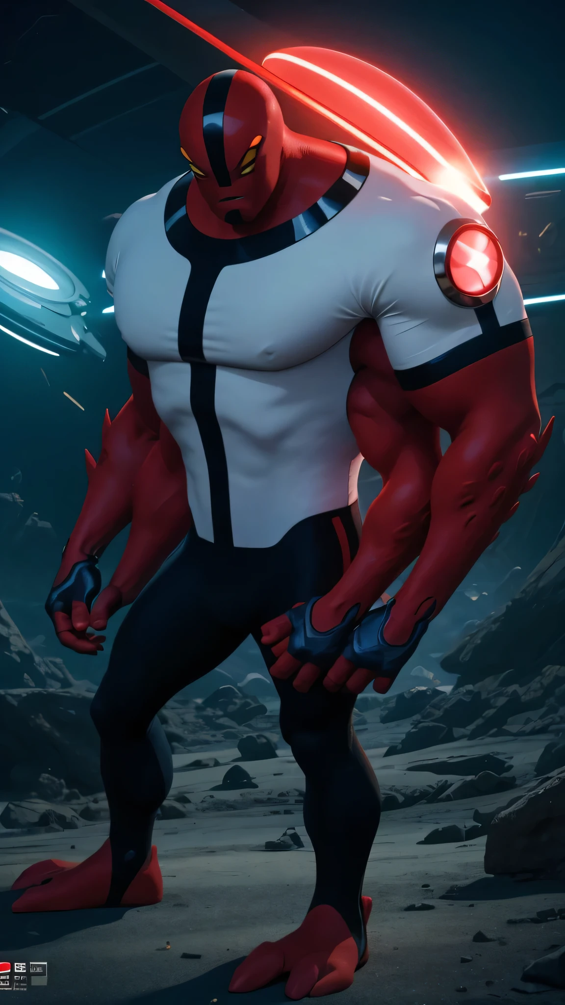 a red alien with four hands, huge body, high-tech device glowing on shoulder, wearing wight t-shirt, standing on alien planet, hyper detailed, 8k, photorealistic, cinematic lighting, dramatic pose, vibrant colors, sci-fi, digital art, concept art