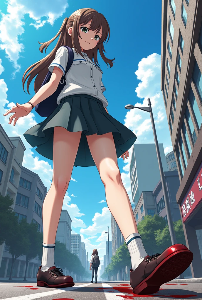  Giant Girl's Low Perspective .  The Girl Is Looking Down at the Streetscape in a Mocking Way、 The Girl Is Looking Down at Buildings ,  emphasizes the ratio of size to the city 、It highlights her size . Small person々 is crushed under her feet ,  blood splatters on her shoes 、 smirking 、 bright 、live-action、 Japanese、