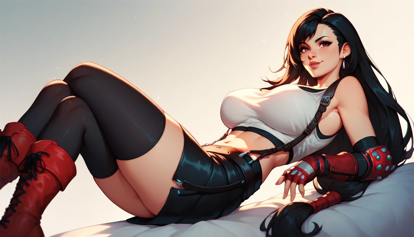 Tifa Lockart, a sexy woman with big breasts, red eyes, long black hair. white tank top, black skirt, long black stockings. red boots, doing a backflip, dynamic shot