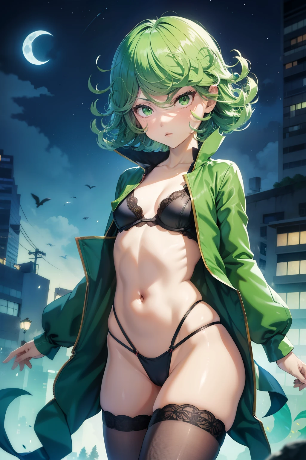 Tatsumaki  ,1girl , anime , masterpiece  , green hair, jaqueta aberta open clothes ,disappointed face , solo,   body, gren jacket, open clothes, bra , flat chest , micro pantie , looking at viewer , night,  moon background . fishnet thighhighs