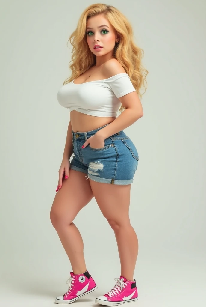 lifelike, high - resolution, full body, sexy skinny teenage girl with a perfect body, 16, amazing beauty, extraordinarily attractive, Super fine face and eyes, beautiful smile, long blonde hair, light denim short shorts, big busty, colossal breasts, massive breasts, heavy chested, Exposed cleavage, bare chested, macromastia,  nude chest, wet, flip flops, pretty feet, perfect feet, perfect toes, detailed feet, perfect feet