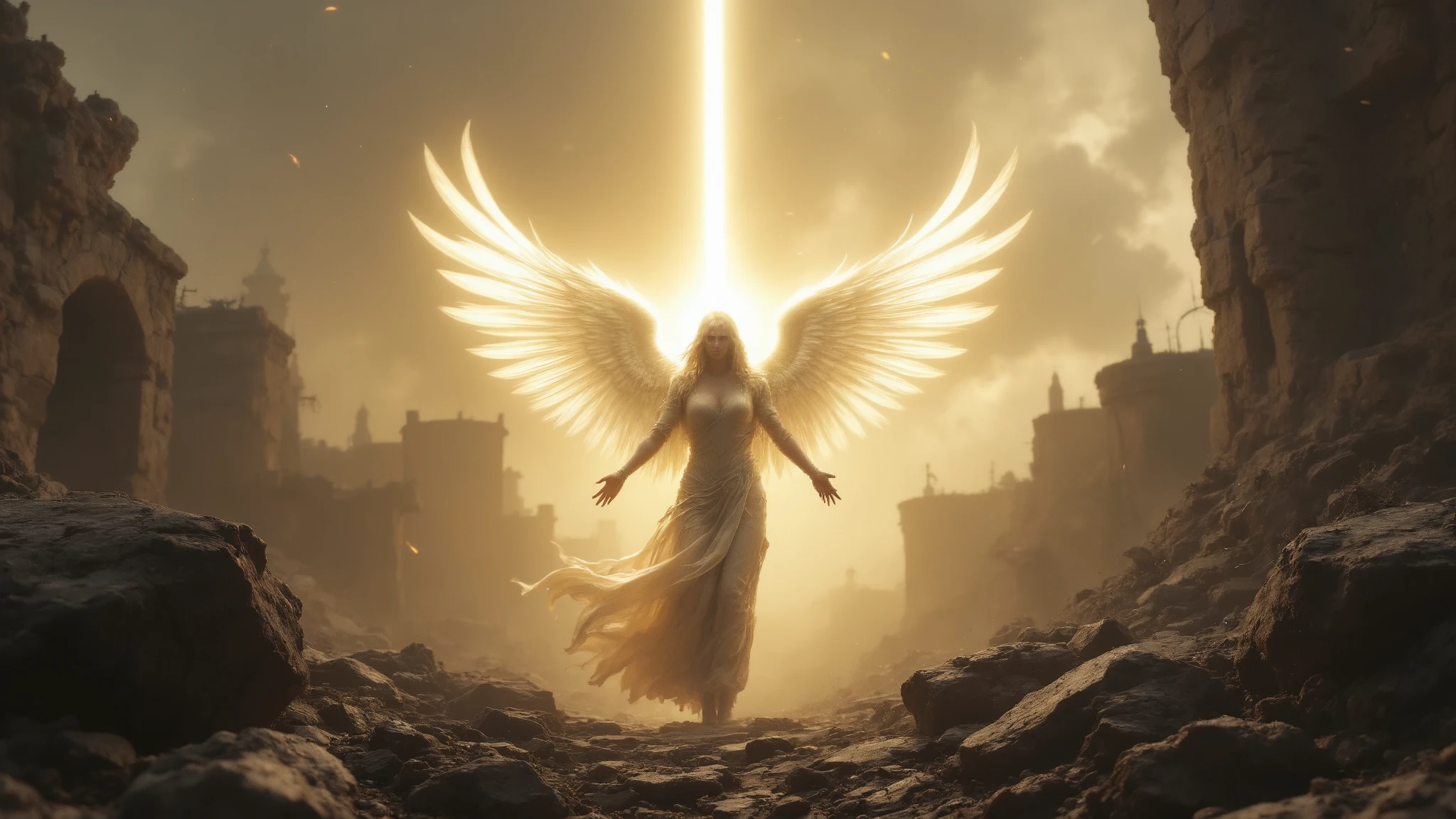 Mercy from overwatch in 1960s retro panavision: A compassionate, angelic figure hovering, her wings casting a soft glow on a ruined battlefield, Vintage cinematic poster, angelic healer with glowing wings, soft light, Panavision shot