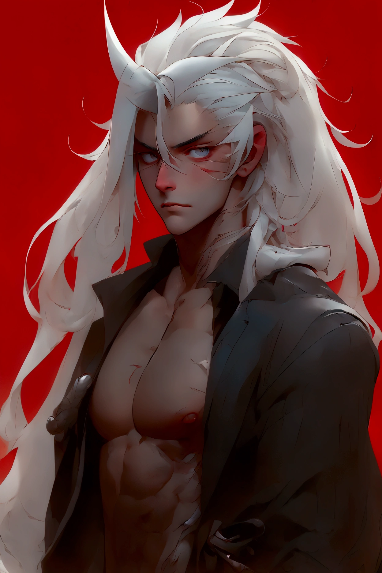  Creates a drawing of a man with long hair  , platinum hair, a defined  , tall body,  and is full of scars scattered all over his body ,  with a cut over his eye  ,  and always wears a katana  . ",  one with his hair down and the other with a ponytail  " "  He wears a shirt and has many whip scars that cover his entire body." "  the katana is next to the body on the left side  " " tall He wears a black coat  "