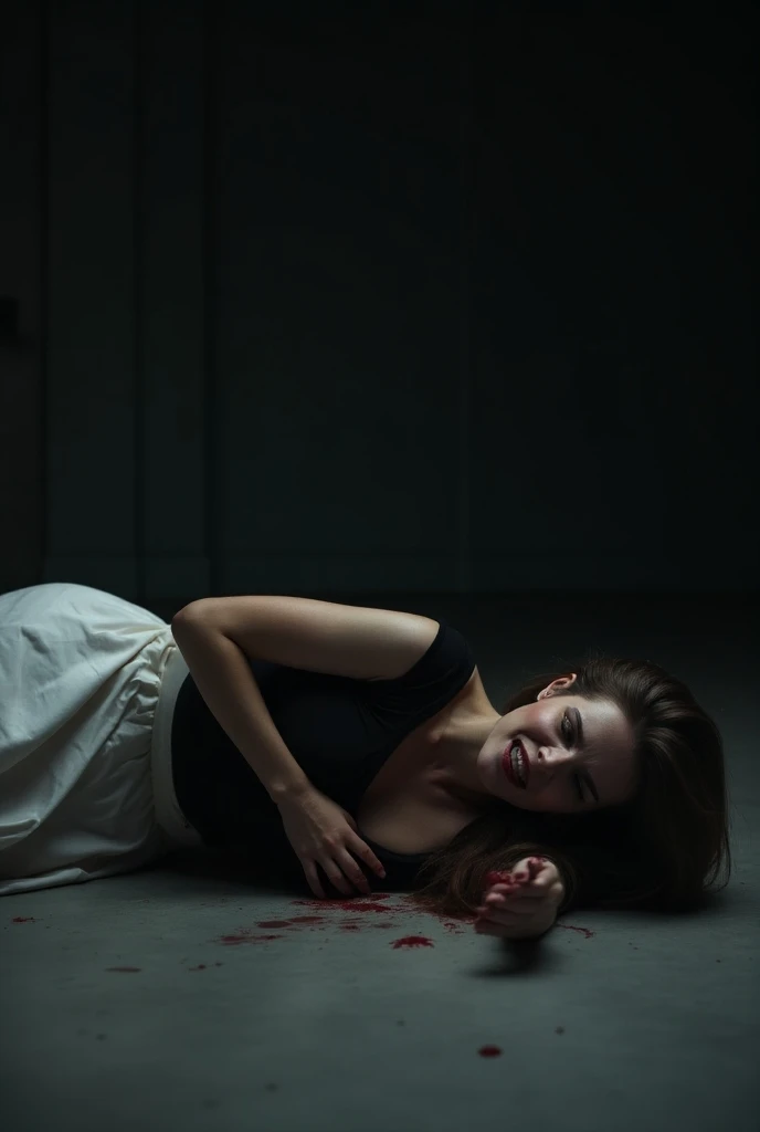 Realistic, cinematic, From above of her, upper body shot, very dark, night, A dimly lit floor, casting harsh shadows of a window's frames on the floor. A woman with dark hair lies on her back on the floor, barely visible due to the dark, blood on her dress. The woman's hands is outstretched over her head on the floor, and appears bloodied and injured, with smears of blood trailing behind on the floor, suggesting that she is being dragged by someone along the floor. The environment is bleak and oppressive, the floor stained with dark, dried blood.