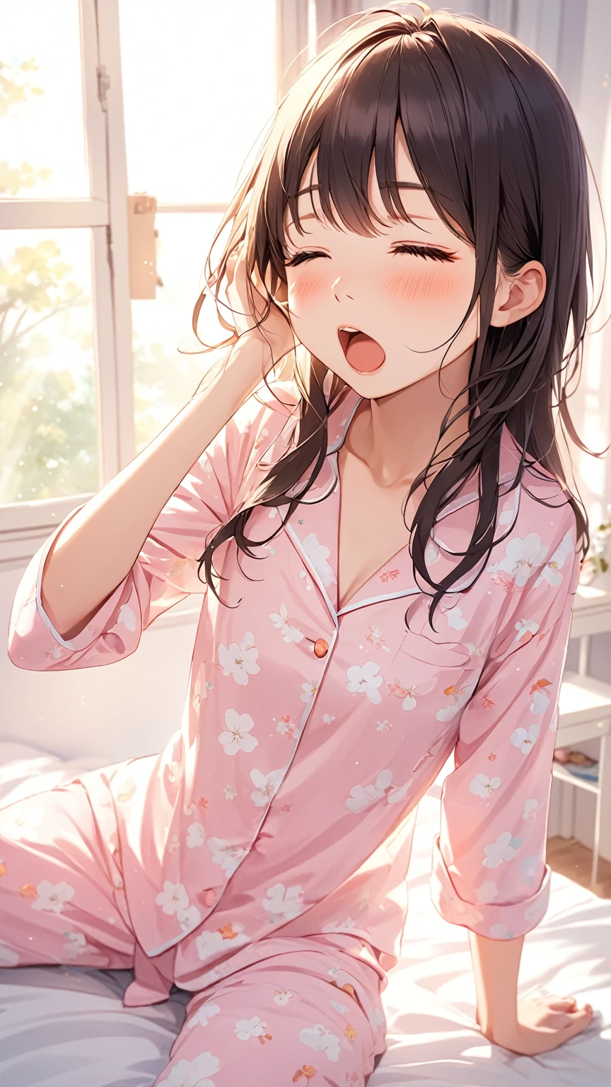 Pajamas, waking up, on the bed, yawning girl, stretching girl, morning sun shining through the window