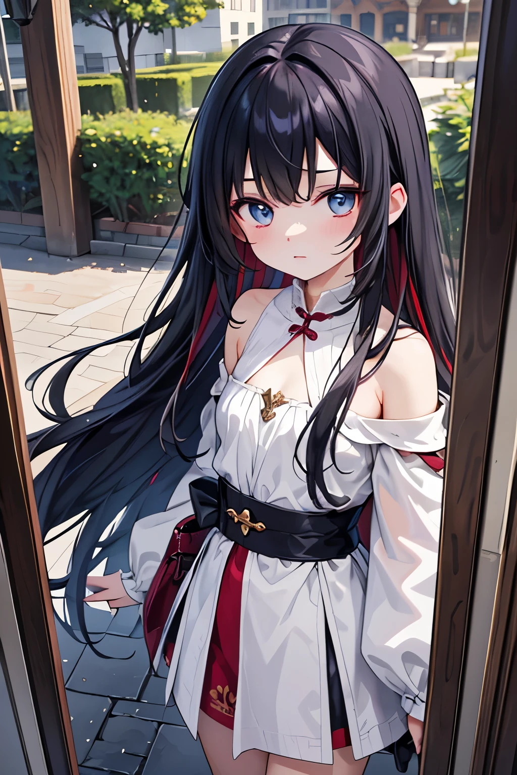 Anime girl with long black hair and red skirt standing in doorway ...