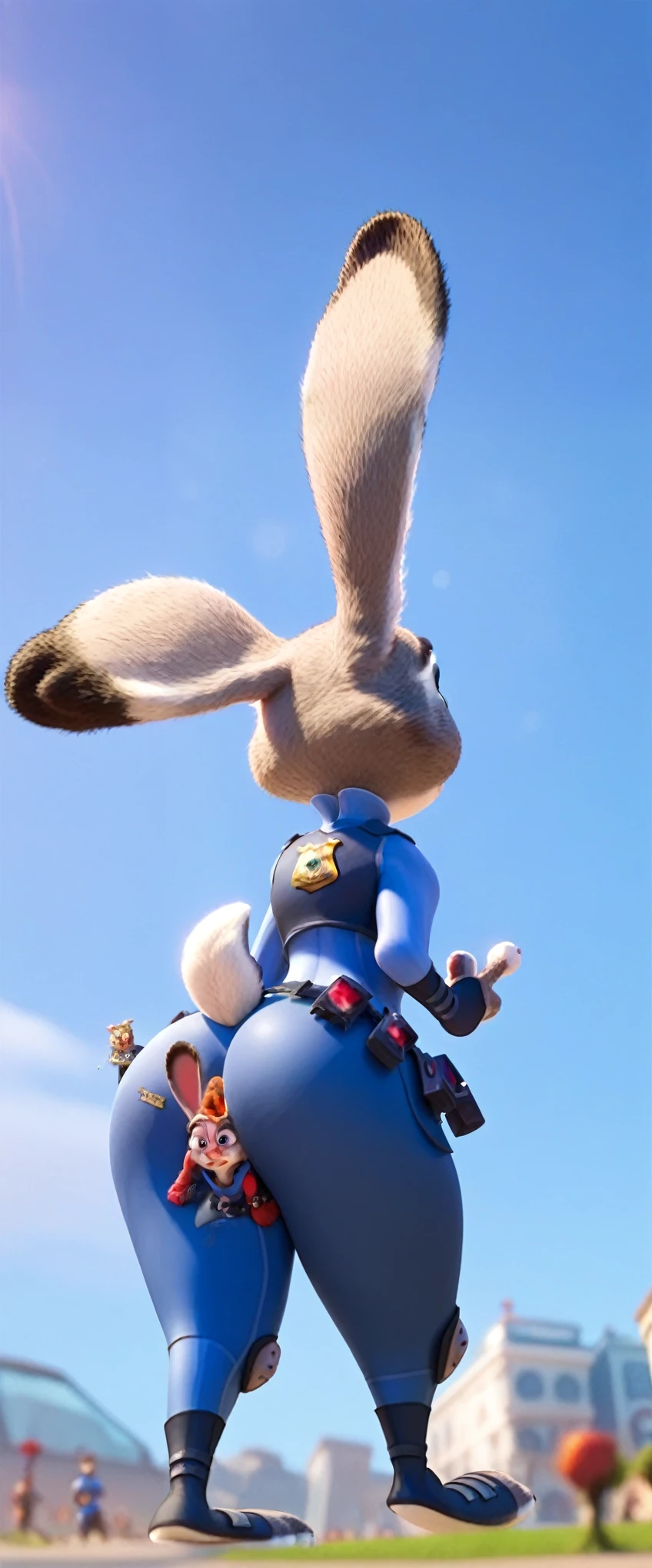 DUO, By disney pixar, 3d, duo, by qupostuv35, ((Macro judy hopps, back, Wide hips)), ((female)), ((Police uniform pants)), thigh crushing, (break, size difference (micro bunny on Judy hopps butt)), judy's thighs, fullbody