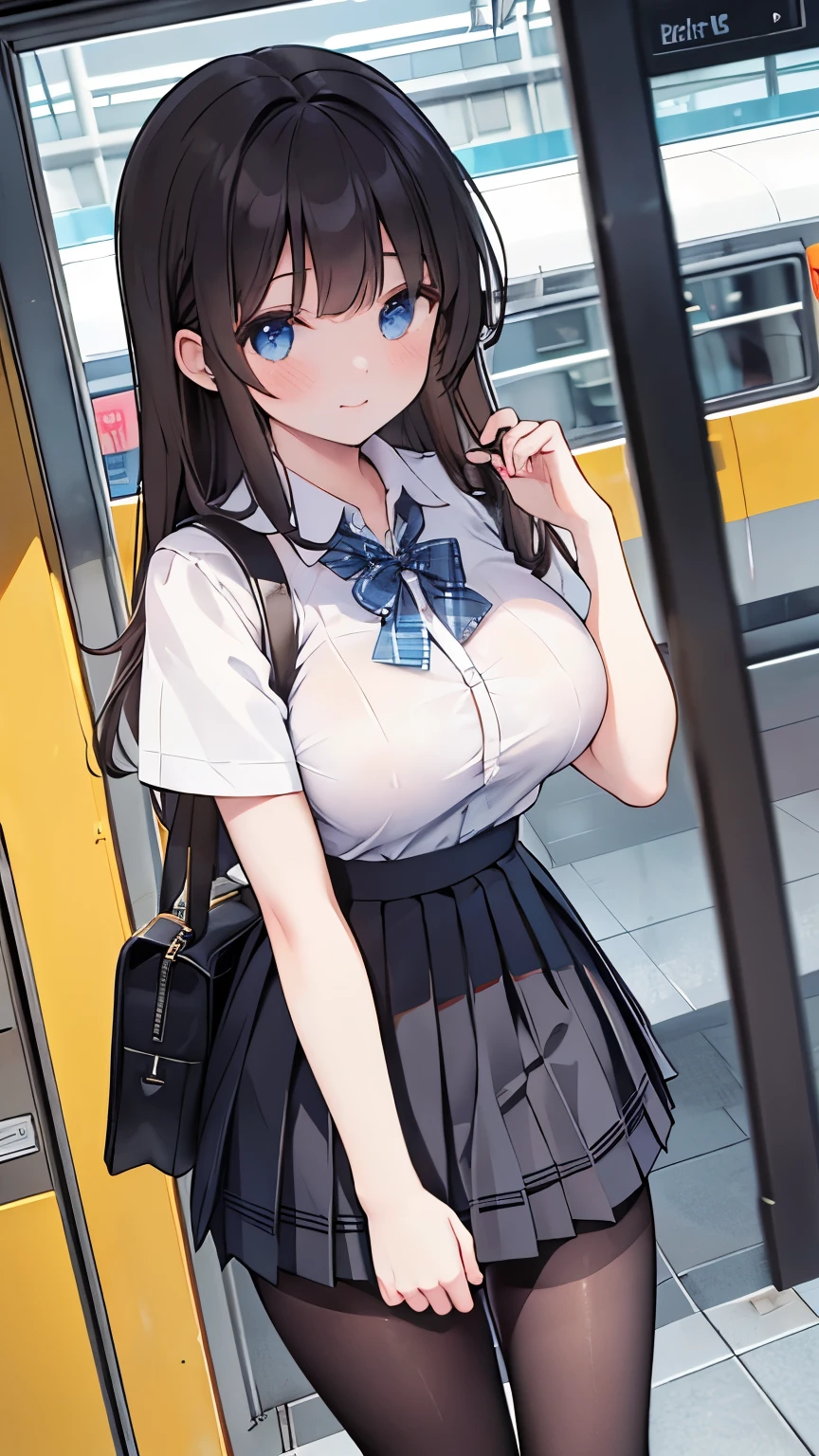 masterpiece, absurdres, best quality, (extremely detailed eyes and face), natural skin texture, detailed skin, sharp focus, intricate details, natural lighting, perfect body),1 girl, school_uniform,white_shirt,BLUE_tie,BLUE_pleated_skirt,Black_pantyhose,overall, Brown_hair,SHORT_hair, GREEN_eyes,jitome,bangs,disheveled hair,hairclip,braids,standing in the crowded train,japan,looking away,cowboy shot