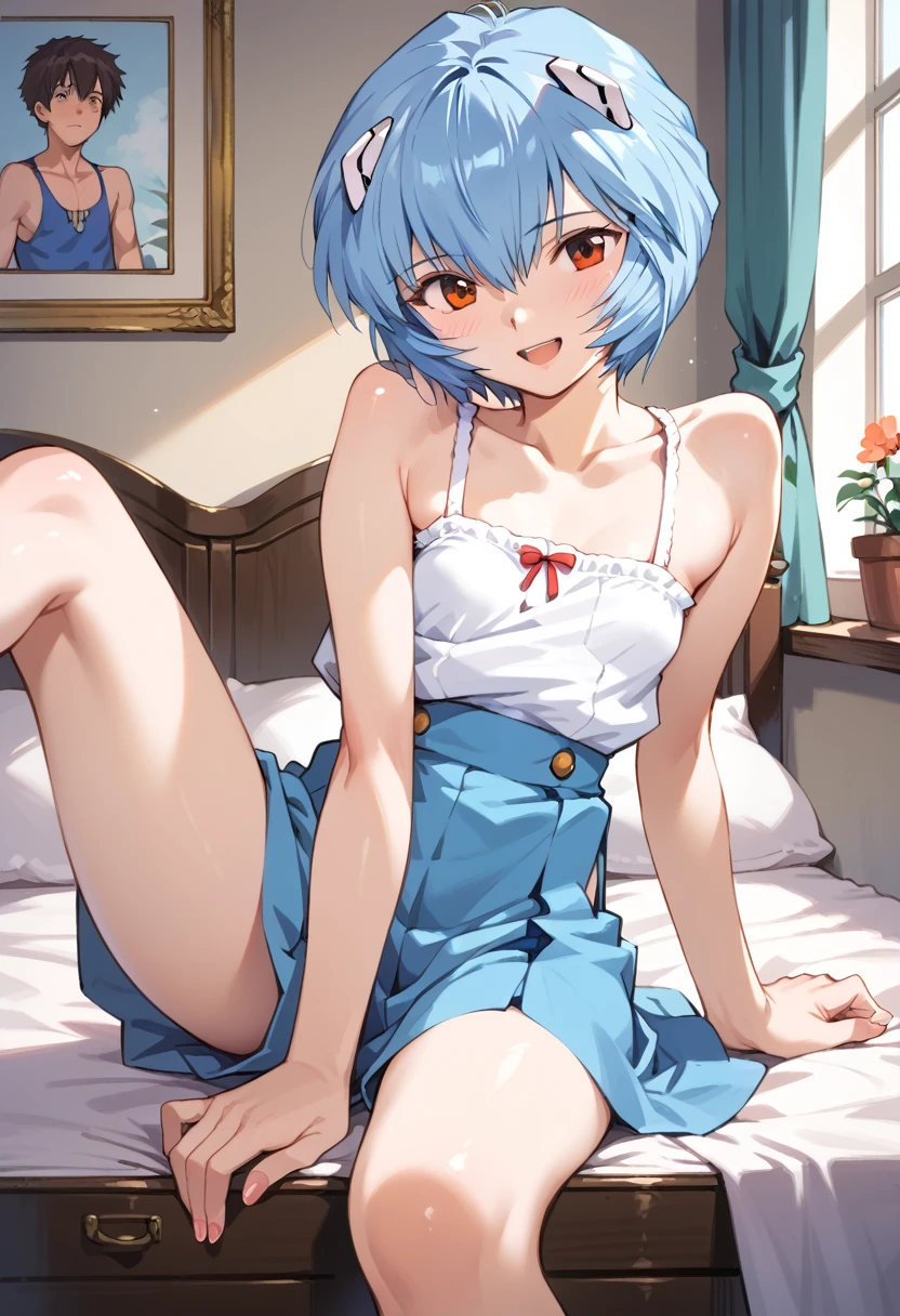 (( best quality)), ((masterpiece)), (be familiar with),  perfect face, indoor, bedroom,  watching viewers ,
One woman, Rei Ayanami,
 characters with open mouth ,  ecstatic expression with hands in front of body, blush, smile,
Small breasts,  flat chest, Young girl, Lori,  s,  girl,
Short Hair,  shorthair ,
Leg spread,