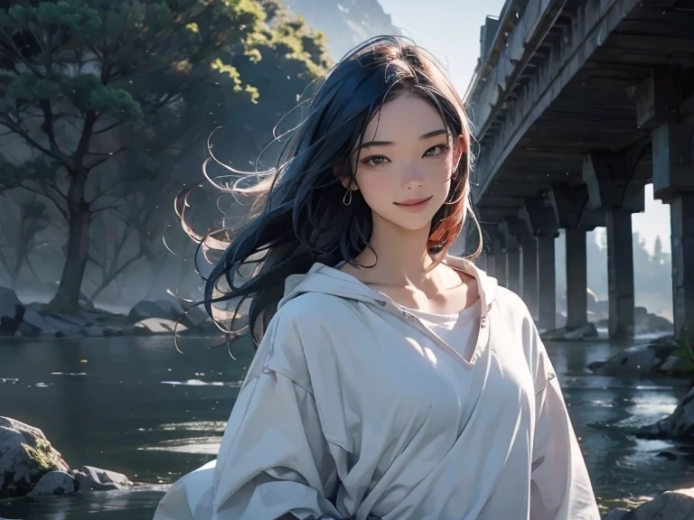 8k, best quality, masterpiece, realistic, ultra detail, photo realistic, hyper realistic, smoother lighting, increase cinematic lighting quality, realistic lighting, dim light, Increase quality, best quality real texture skin, at Ancient Bridge in the Fog, full body shot, slender, cute face, smile, beautiful details eyes, 19years old korean, pretty, Drill hair with electric blue color, hoodie, nipple slip