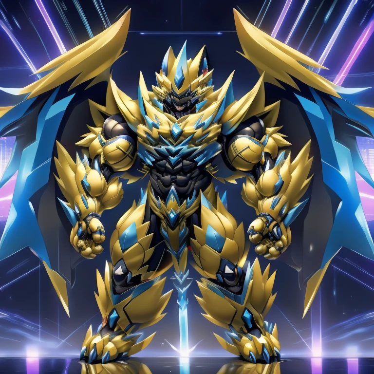 (ZERAORA, 8K), (Zeraora's giant robot, Powered exoskeleton with the same design as Zeraora), (Masterpiece, highres) (Detailed head, Detailed Body, Detailed abs, full body) (gigantic muscles, Gigachad Muscular, big muscle, pecs, triceps, traps, unusually developed muscular body, body full of huge muscles. showing off muscles, pectorales enormes, Exaggeratedly huge muscles.) (nj5furry, The claws are sharp, Sharp teeth, sharp claws), (long legs), (Spread wings, It has wings, have big wings, golden wings), (Wrestling, wrestler, the bodybuilding), (It has wings, whole body shines like metal, Wearing cyberpunk mecha, emphasizes the muscles, suit fully made of metal, intricate armor, Robotic suit, suit fully made of metal, cyborg), (black color hyper penis, hyper black penis), sitting on the throne,