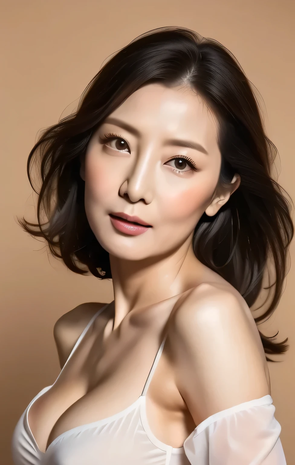 ( best quality,8k,masterpiece),
mature woman ,[Amorous,Portraiture,
very beautiful face , lip gloss, expressions of ecstasy,
Big Breasts,
elegant black suit, white shirt,