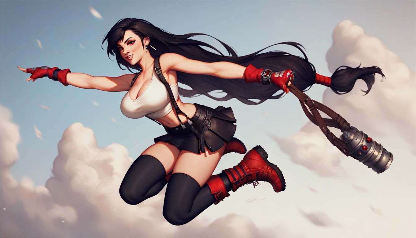 Tifa Lockart, a sexy woman with big breasts, red eyes, long black hair. white tank top, black skirt, long black stockings. red boots, doing a jumping somersault, (dynamic camera shot) dark gritty city background