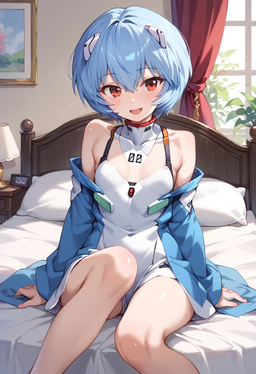 (( best quality)), ((masterpiece)), (be familiar with),  perfect face, indoor, bedroom,  watching viewers ,
One woman, Rei Ayanami,
 characters with open mouth ,  ecstatic expression with hands in front of body, blush, smile,
Small breasts,  flat chest, Young girl, Lori,  s,  girl,
Short Hair,  shorthair ,
Leg spread,