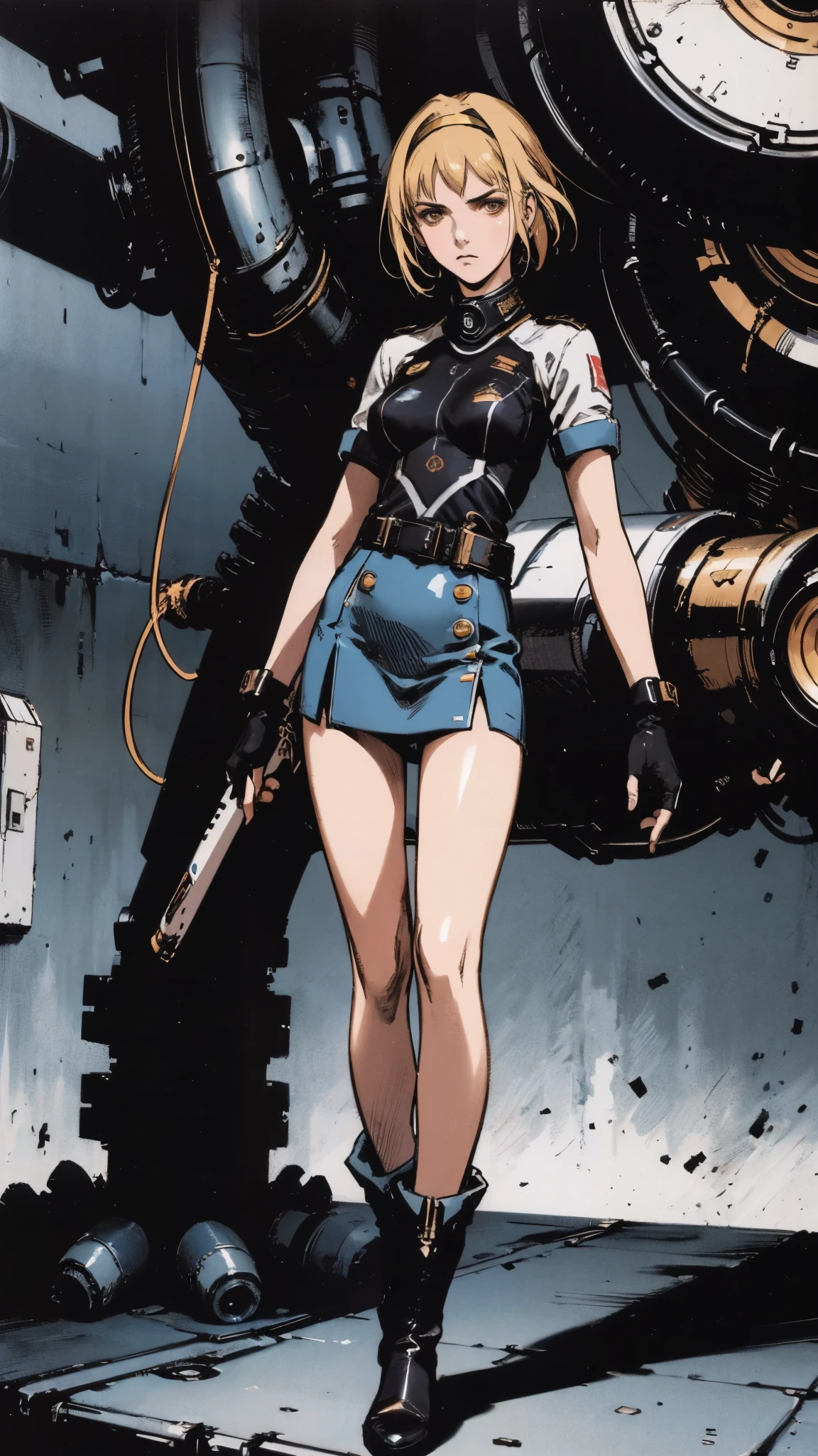 (masterpiece:1.2, best quality:1.2, extremely delicate:1.2), ((Alexandra Daddario:1.2)), a girl with short light golden hair, a metal headband on her forehead, icy gaze, detached expression, smooth and exquisite facial appearance, perfect body, perfect skin, porcelain skin, pale skin, sci-fi military uniform, short sleeves, gloves, short skirt integrated with the outfit, dark fitted pants, knee-high military boots, the color scheme is primarily Blue with White and Yellow accents, surrounded by AR virtual interfaces, standing in a futuristic sci-fi-styled room, this character embodies a finely crafted futuristic sci-fi female officer in anime style, exquisite and mature art style, exquisite photography, Photo realism, photorealistic, even and soft lighting on face, dramatic, high definition, highres, ultra-detailed, ultra-fine painting, professional, perfect body proportions, anatomically correct, symmetrical face, extremely detailed eyes and face, high quality eyes, creativity, RAW photo, UHD, 32k, portrait lighting, Natural light, cinematic lighting, (masterpiece-anatomy-perfect:1.2)