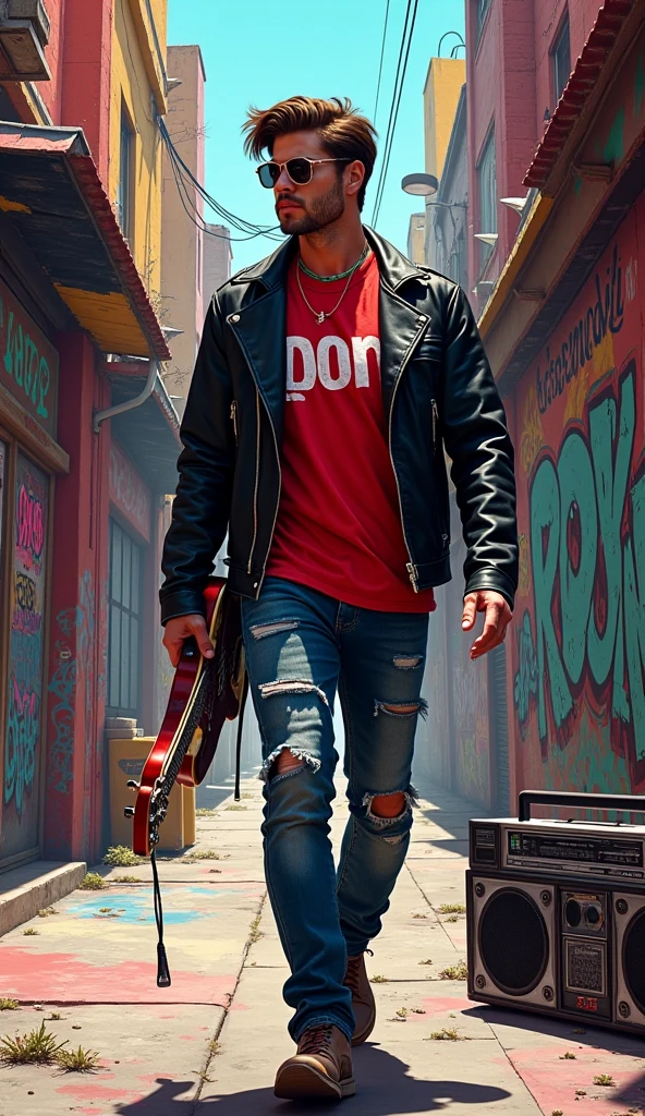 Create vibrant streetscapes inspired by 80s rock n roll culture . Features a man wearing a black leather jacket, red t-shirt with the inscription "Don", wearing ripped dark blue jeans , carrying a guitar walks confidently down an alley strewn with graffiti. Surround the figure with a retro boombox and a pop pop atmosphere Nostalgia. Incorporating dynamic typography chanting '"Rock n Roll" with grunge aesthetic , reflecting the energy and style of the times .