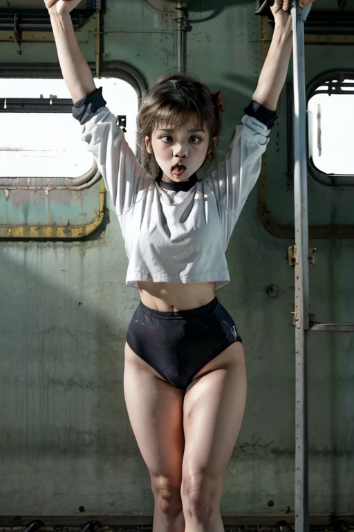 a  Girl,   wearing a Black gymnastics bloomers, High leg、white blouse 、Scared girl、shout、Convulsing with fear、 railroad crossing、Standing inside a railroad 、train、Alone