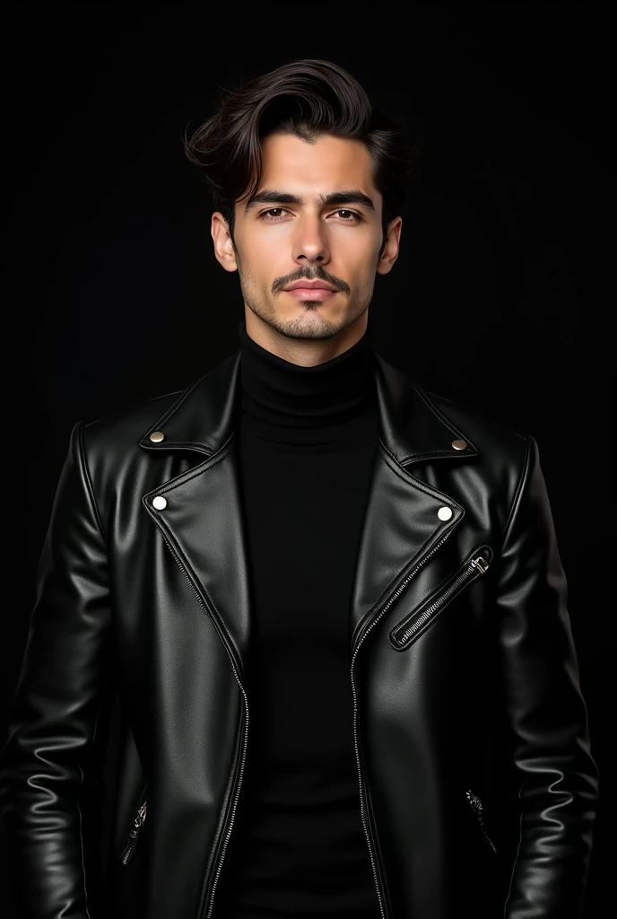 A young man in elegant style wears a shining black leather jacket and a ...